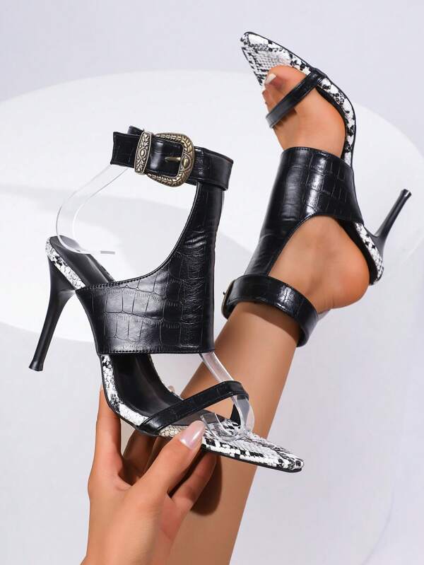Elegant High Heel Shoes, Sexy Goddess Range, Pair With Dress, Fashion Pointed Toe Thin Heel Open Toe Sandals, Punk Gothic Style For Party