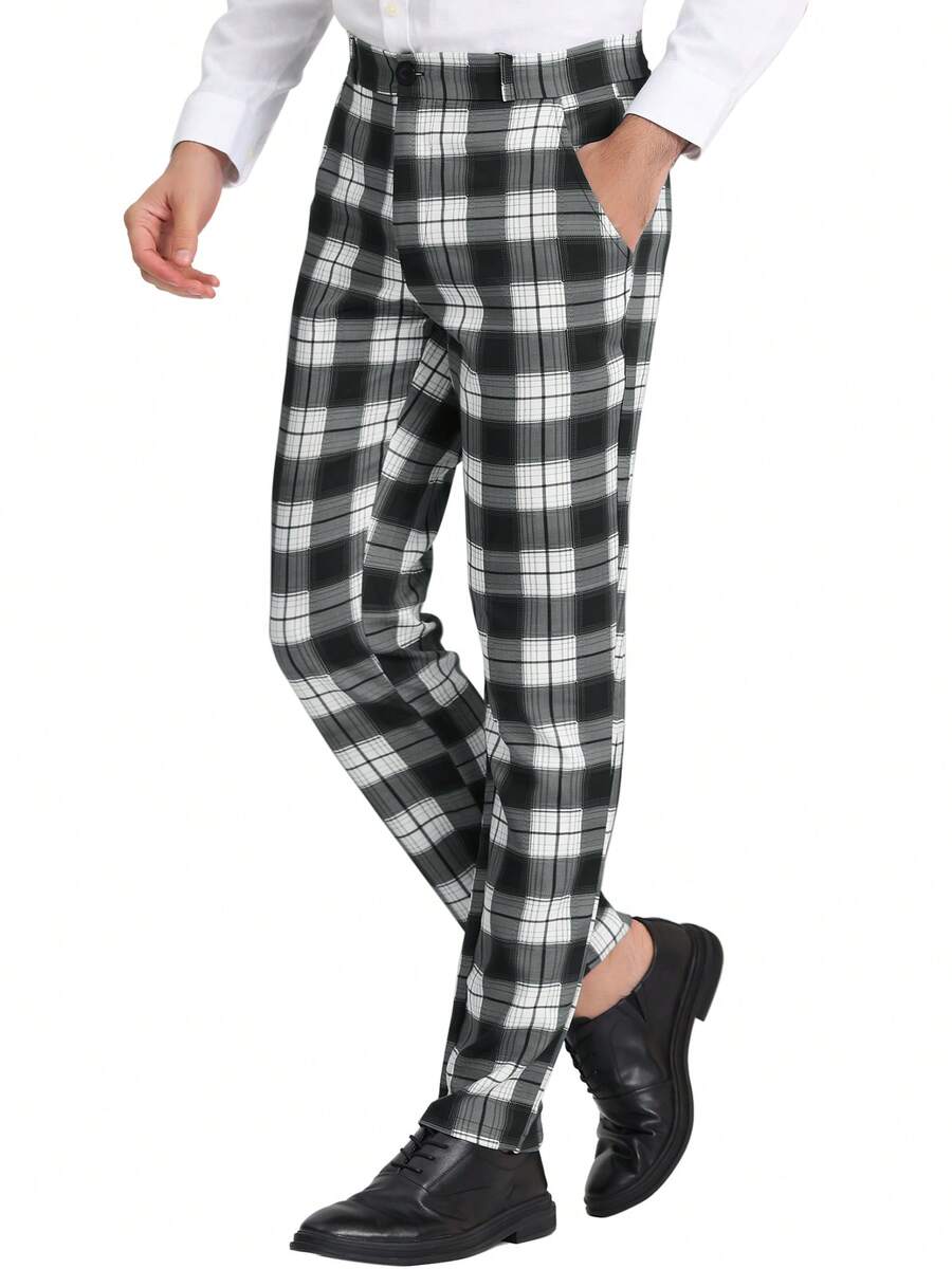 Men's Plaid Pants Regular Fit Flat Front Classic Elastic Waist Suit Pants - Light Gray - View 1