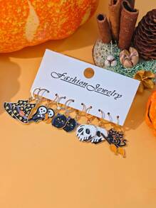 10 Stücke/50 Stücke neue Lustige Halloween Ohrringe, Gothic Schädel, Geistgesicht, schwarze Katze, Kürbis, Fledermaus Ohrhänger Schmuckset aus Zinklegierung für Frauen