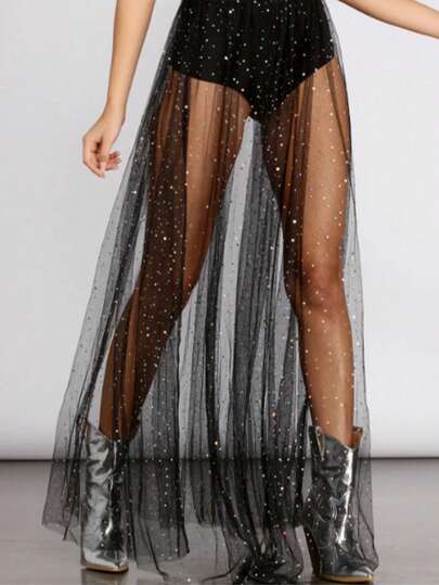 Sexy Sheer Glittery Mesh High Waist Skirt