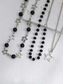 3 件套哥特式星形串珠项链套装，适合女士，不锈钢链条朋克 Y2K 颈链设计 - 銀色 - 查看 3