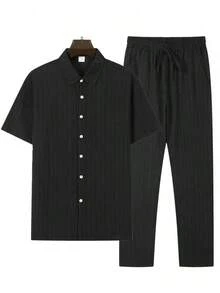 Men's Casual Striped Short Sleeved Sports Suit With Button Down Shirt Collar And Elastic Waistband Pants, Made Of Polyester Textile Elastic Fiber Blend, Summer Two-Piece Set With Belt Details - màu đen - Xem 2