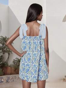Women Floral Tie Shoulder Mini Dress Cute Square Neck Loose Fit Beach Short Dress Backless Boho Vocation Sundress - 藍色 - 查看 4