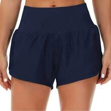 Womens High Waisted Running Shorts Quick Dry Athletic Workout Shorts With Mesh Liner Zipper Pockets - Navy Blue - View 2