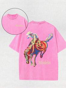 Western Cowboy Riding Printed Batik Washed T-Shirt, Simple And Versatile. - 玫紅色 - 查看 1