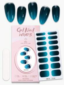 16片孔雀绿渐变半固化凝胶美甲贴纸，亮面自粘凝胶美甲贴，持久14天，需配合UV灯使用，适合女性DIY美甲，美甲用品 - 墨綠色 - 查看 2