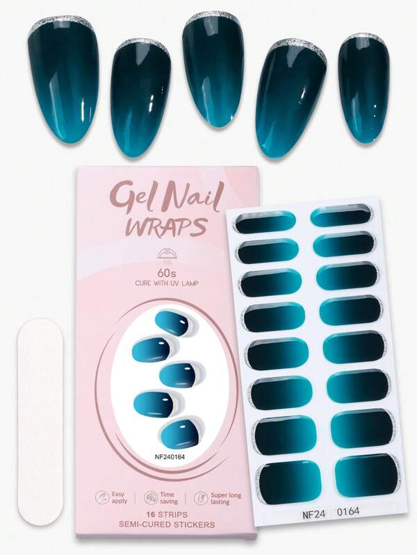 16 Stücke Pfauengrün verlaufende semi-gehärtete Gel Nagel Sticker, glänzend glänzende selbstklebende Gel Nagel Komplett-Wickel, hält 14 Tage, UV Lampe erforderlich, geeignet für Damen DIY Nagelbedarf Nagel Sticker