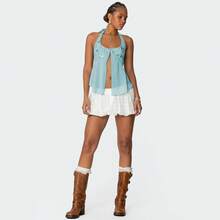 Women Sleeveless Halter Tops Summer Split Hem Tie Up Backless Sequin Embroidery Tank Tops - Màu xanh lam - Xem 3