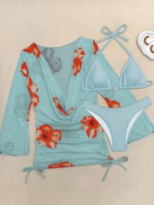 Sweety 3pcs/Set Vacation Beach Floral Jacquard Bikini Set For Summer 3pcs/Set Beach Resort Spring/Summer New Pearl Buckle Chiffon Print Halter Top, Bra Top & Bottom Swimwear,Cover Up Skirt,Removable Swimwear PadsSwimsuit,Summer Dresses For Women,Summer Clothes Women,Festival,Skirts,Ibiza Outfits,Swimwear Women,Bikini Set,Swimming Costume Women,Beach Wear Women,Holiday Co Ord,Beach Dress,Bikinis For Women Sets - Multicolor - View 6