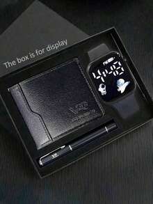 1件男生休闲简约日内瓦刻度学生真皮石英表+1件棕色高端大气钱包卡包+1件大气万能棕色木质笔套装送童子儿子毕业季季节精美礼物