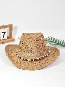 1 件女士夏季装饰锆石链镂空透气草帽，男女通用时尚个性化牛仔帽，防晒，适合海滩度假和日常穿着，父亲节的绝佳礼物选择（珠子略有色差，但不影响使用）