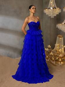 华丽亮片连衣裙，层叠雪纺裙摆，高开衩设计 | 适合正式晚宴、婚礼和戛纳派对的奢华晚礼服 - 寶藍色 - 查看 5