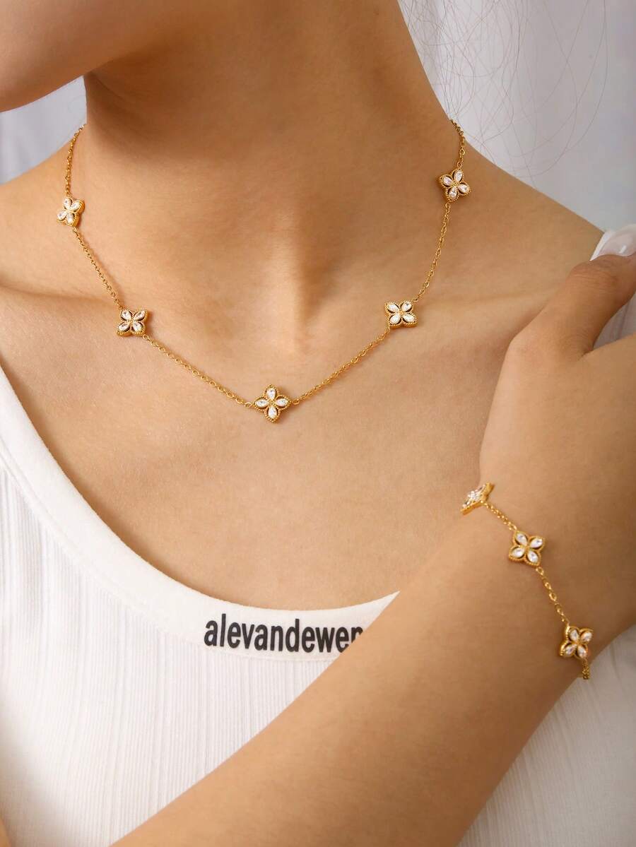 TONSI 1 Set Elegant Charming Korean Luxury Minimalist Stainless Steel 18K Gold Plated Artificial Zirconia Four-Leaf Clover Flower Diamond Jewelry Set, Suitable For Beach, Holiday, Travel, Work, Daily Party Wear For Women - Multicolor - View 1