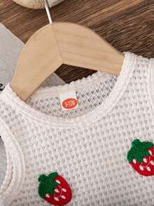 2 件套，女童时尚可爱草莓印花无袖背心 + 草莓刺绣休闲牛仔短裤