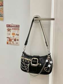 Y2K 风格小号单肩包磁性密封，PU 材质，涤纶衬里，链条肩带，朋克风格设计，非常适合购物和拍照。