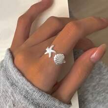 1pc 925 Silver Starfish & Shell Design Ring, Suitable For Summer Beach, Party, Daily Wear, Gift For Friends And Family - Silver - View 1