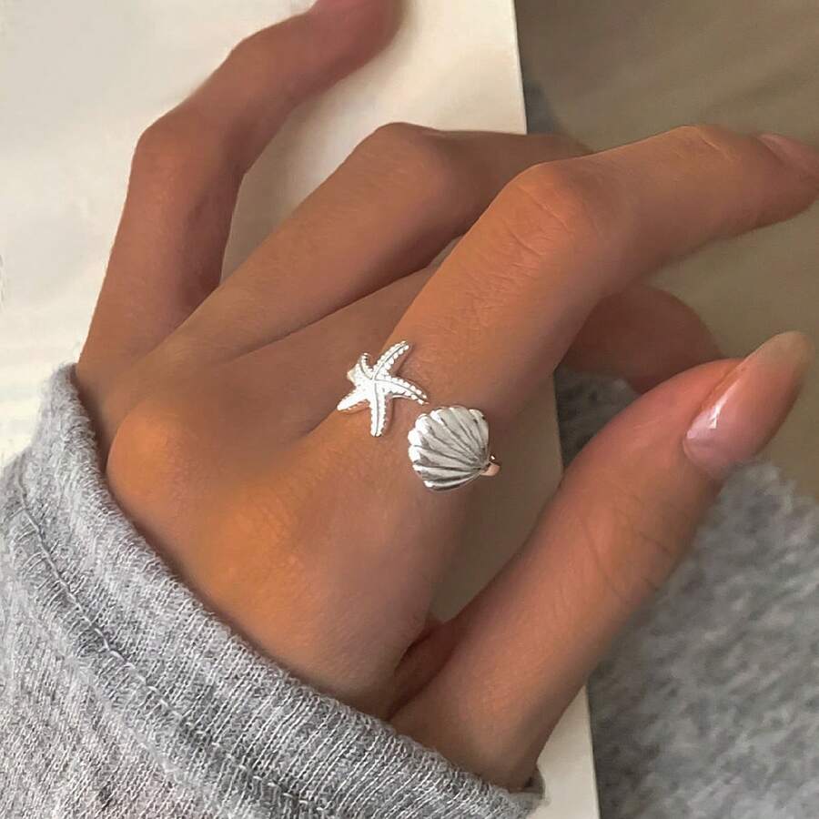 1pc 925 Silver Starfish & Shell Design Ring, Suitable For Summer Beach, Party, Daily Wear, Gift For Friends And Family - Silver - View 1