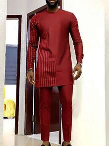 卡翁达男士套装卡夫坦服装圆领条纹印花长袖非洲复古男士套装传统服装 - 紅色 - 查看 1