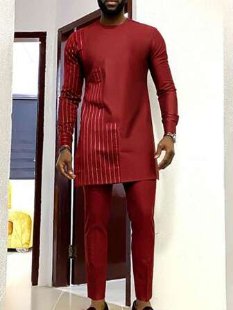 卡翁达男士套装卡夫坦服装圆领条纹印花长袖非洲复古男士套装传统服装