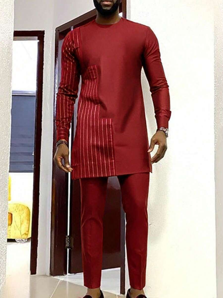 卡翁达男士套装卡夫坦服装圆领条纹印花长袖非洲复古男士套装传统服装 - 紅色 - 查看 1