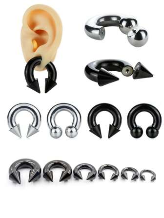 1 Piece Black Spike Ball Horseshoe Nose Ring Stainelss Steel Cone Large Gauge Piercing Internal Threaded Septum Ear Expander Plug 3mm-10mm