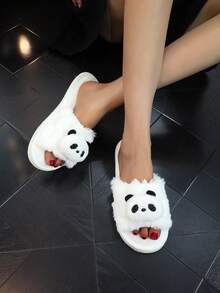 可爱的毛茸茸露趾拖鞋。轻便舒适的室内家居鞋，时尚女士款，四季保暖，白色 - 白色 - 查看 3