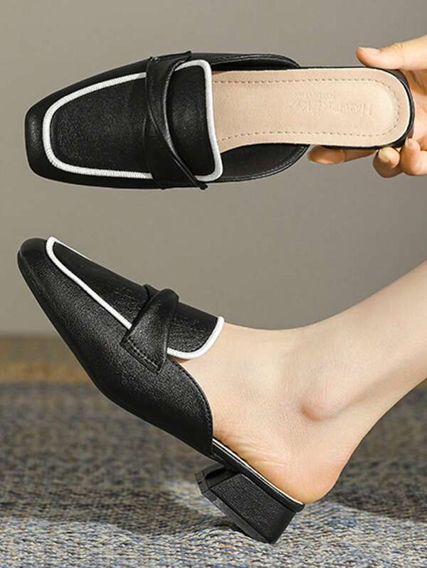 Women's Square Toe Block Heel Mule Slip-On Loafers, New Spring/Summer/Autumn 2025, Comfortable Backless Flat Shoes, Black Slip-On Mules