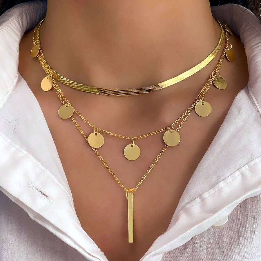 3pcs Fashionable Circular Pendant Necklace Set, Layerable Jewelry For Women - Gold - View 1