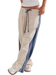 Women's Wide Leg Pants Drawstring High Waist Side Stripes Loose With Pockets Trousers - 杏色 - 查看 1