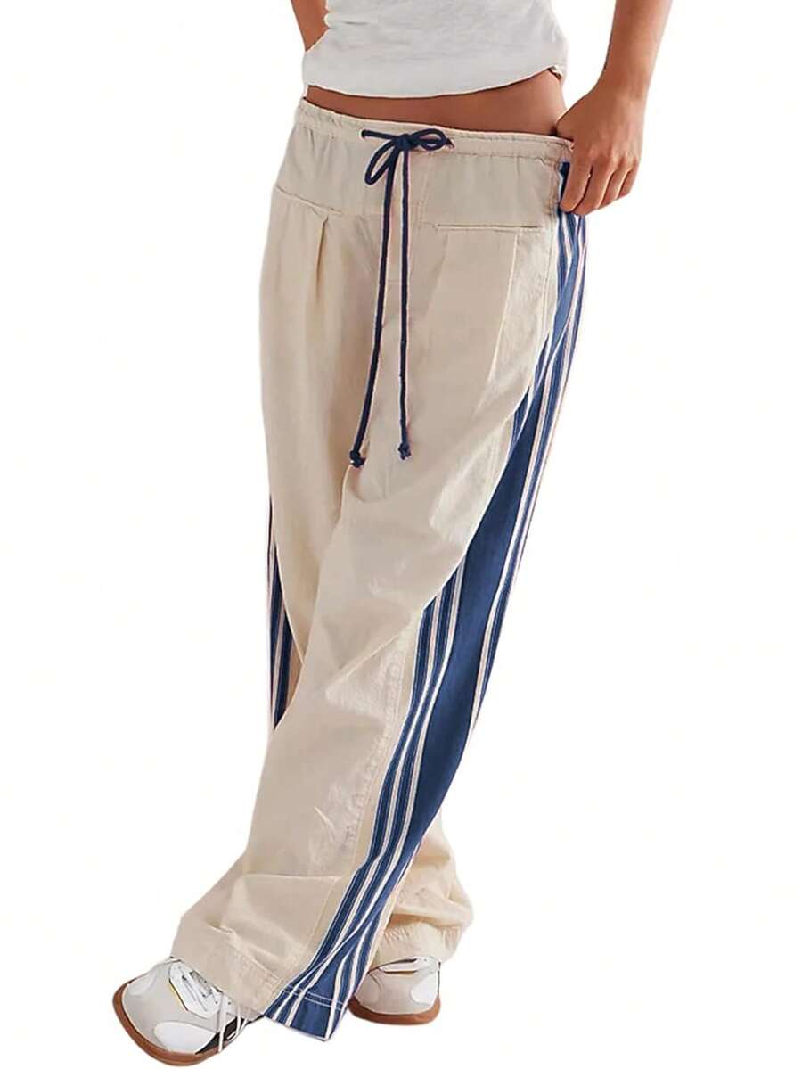 Women's Wide Leg Pants Drawstring High Waist Side Stripes Loose With Pockets Trousers - 杏色 - 查看 1