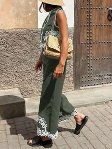 Ensemble 2 pièces femme style bohème, top sans manches avec broderie de dentelle et pantalon large - Militaire verte - Voir 8