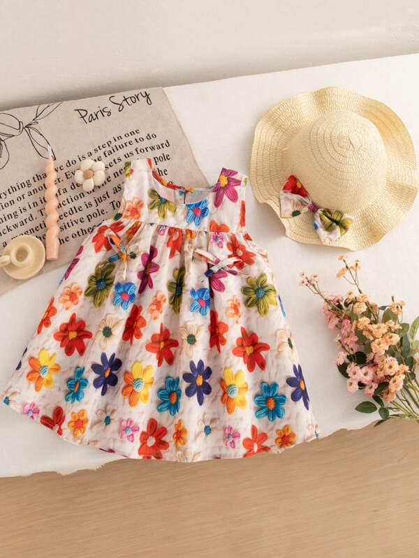 Set de 2 piezas de vestido casual de playa sin mangas con decoración de flor y lazo, y sombrero para niñas bebé, conjunto de atuendo lindo para el verano