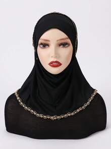 Khăn trùm đầu viền vàng thanh lịch, khăn trùm đầu chống gió thời trang, lý tưởng để đi chơi và làm đẹp cho vẻ ngoài của bạn, băng đô cho abaya hàng ngày dưới mũ, mạng che mặt cho phụ nữ - màu đen - Xem 2