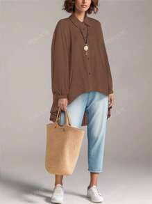 Camisa de manga larga para mujer, casual de otoño e invierno, blanca, con mangas tipo murciélago y cierre delantero con botones
