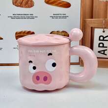1pc 350ml Cartoon Pig Ceramic Coffee Cup With Lid & Spoon, Handlebar Mug, Pink Milk Cup With Pattern, Suitable For Birthday & Couples, High-Quality And Meaningful Gift