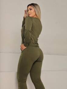 MAYSA Women's Set Sweatshirt 2 Pieces Pants And Long Sleeve Crop Top WINTER - xanh quân đội - Xem 6