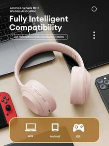 Lenovo 联想 TH10 蓝牙耳机，头戴式游戏耳机，重低音，高品质音频，麦克风，有线和无线双模式，兼容电脑和移动设备 - 白色 - 查看 4