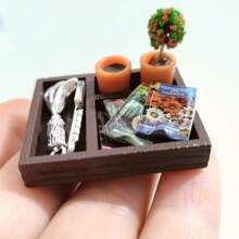 10-Piece Dollhouse Gardening Set Miniature Model,Including A Wooden Box,Alloy Shovel,Resin Potted Plant,And Plant Seeds,Suitable For Dollhouse Home And Courtyard Garden Scene Decoration