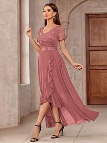 MIUSOL 优雅V领亮片花卉蕾丝荷叶边下摆正式派对长裙，适合情人节、婚礼等场合 - 藕粉色 - 查看 7