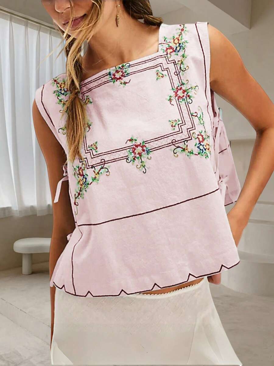 Women's Side Tie Up Vest Vintage Floral Embroidered Tank Tops Y2k Boho Graphic Sleeveless Square Neck Lace Up Shirt Crop Tops Summer Loose Fit Cute Flower Going Out Tops Beach Vacation Streetwear - 粉色 - 查看 1