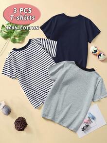 男童 3 件套休闲短袖 T 恤套装，卡通恐龙印花上衣，夏季透气时尚风格