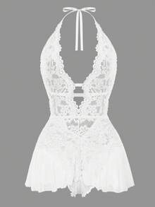 Women's Sexy Lingerie, Floral Lace Teddy Lingerie, Halter Strappy Backless Crotchless Bodysuit - trắng - Xem 1