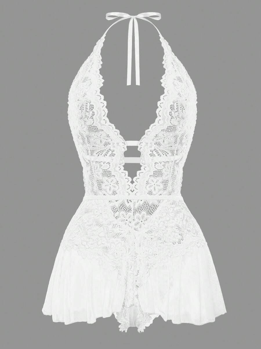 Women's Sexy Lingerie, Floral Lace Teddy Lingerie, Halter Strappy Backless Crotchless Bodysuit - trắng - Xem 1