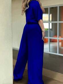 Plus Size Women Spring/Summer Popular Outfit,Casual Solid Color Round Neck Short Sleeve Top And High Waist Pocket Wide Leg Pants Set - Blue - View 2