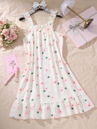 Conjunto de pijama con estampado floral y textura, vestido camisero con cuello cuadrado, decoración de lazo y ribete de volantes para mujer