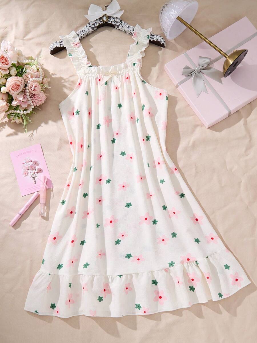 Floral Print Textured Pajama Set, Women Sweet Bow Decor Square Neck Ruffle Trim Camisole Dress - Baby Pink - View 1