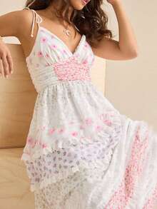 Women Floral Tie Shoulder Maxi Dress Deep V Neck Spaghetti Strap Backless A-Line Layered Ruffled Long Dresses - Pink - View 4