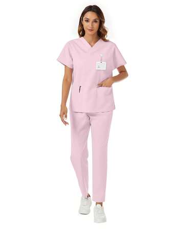 2Pcs Simple Plain Batwing Sleeve Top & Pants Scrub Uniform Set