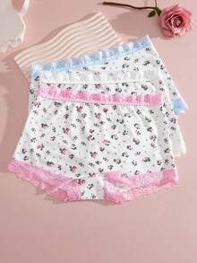 3pcs/Pack Lace Trim Cute Print Women's Boyshort Panties - Multicolor - View 4