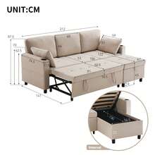 Beige/Grey  Sofa Bed, L-Shaped Corner Sofa, 3 Seater Pull Out Sofa With Storage, Convertible Settee Sectional Sofa For Living Room, Office - Beige - View 4